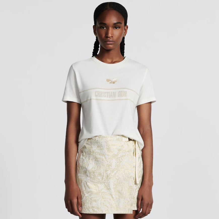 Gold Tone Logo Embroidered Butterfly T-Shirt