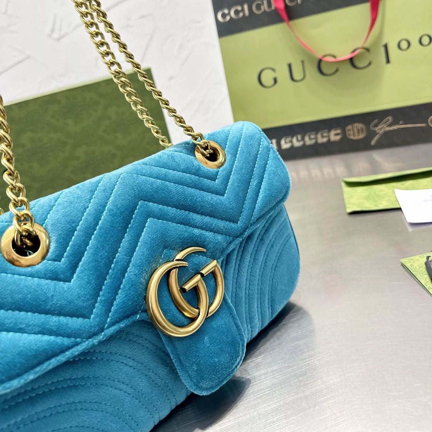 Gold Velvet Marmont Chain Shoulder Bag