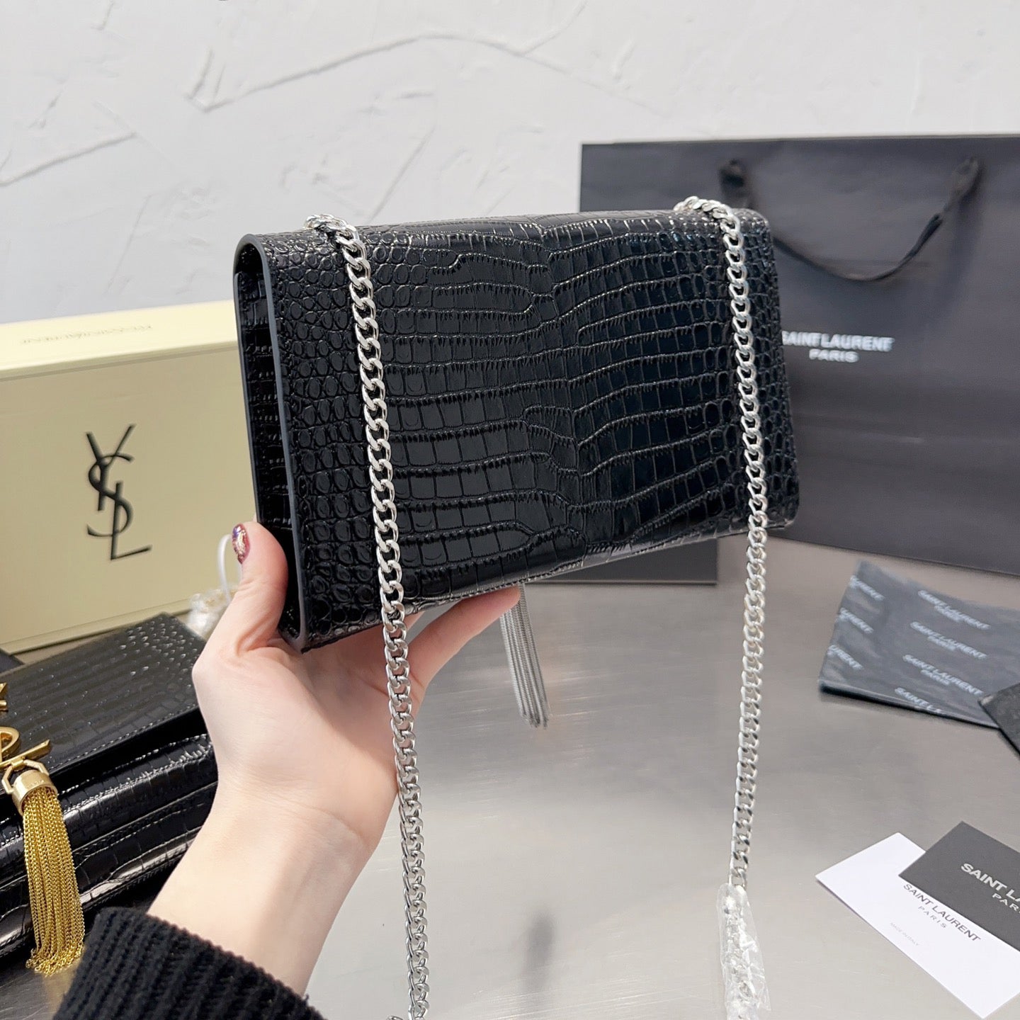 KATE Small Tassel Chain Bag in Croc-embossed shiny leather